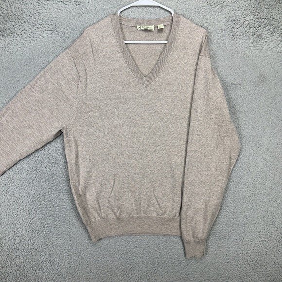 Donald Ross Mens V-Neck Sweater Large Light Tan Pullover Long Sleeve Merino Wool - Picture 1 of 9